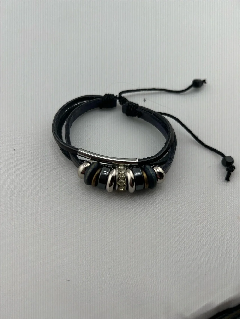 Black Leather Multi Strand Bracelet Silver Bead Rhinestone Accent Unisex